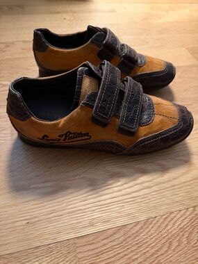 Vintage Louis Vuitton Women Yellow Suede Brown Croc-Embossed Strap Sneakers 37